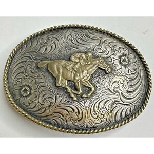 ADM Vintage Belt Buckle Jockey RaceHorse Lucky #7 Floral Brass Numbered Signed